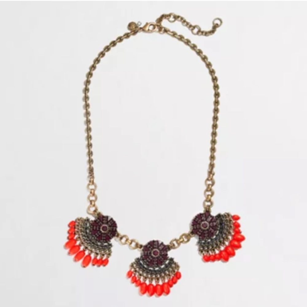 J.CREW Fan Fringed Flower Purple Orange Gold Tone Statement Bib Necklace $59.50